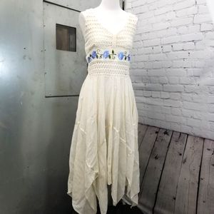 Free People 1970's Off White Dress with Blue Floral Embroidered medium